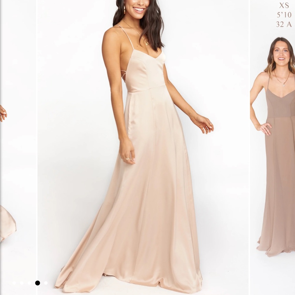 Show Me Your Mumu Godshaw Goddess Gown in champagne luxe satin